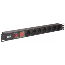 ITK PDU 7 розеток нем. стандарт, с LED выключателем,1U, без шнура, вх. C14, алюминиевый профиль